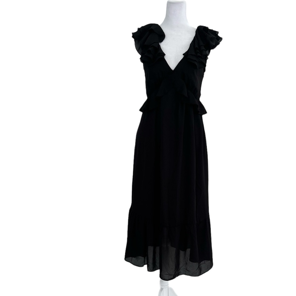 Women’s Black Ruffle V-Neck Midi Dress - Elegant Everyday Style - Picture 3 of 11